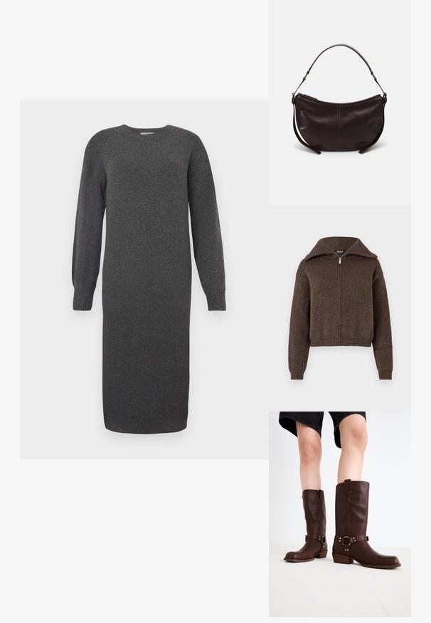 Brun uldblanding zip-up sweater med høj krave og ribbede manchetter og kant, præsenteret mod en hvid baggrund.; Mørkegrå strikket kjole med lange ærmer, rund halsudskæring og ribbede manchetter. Længden går til midt på læggen og har en glat tekstur. Enkel design uden mønstre.; Brune læder knæhøje støvler med rund tå, struktureret overflade, ankelrem og sølvhardware detaljer; stablet hæl.; Mørkebrun læder skuldertaske med en buet form, glat tekstur og en enkelt justerbar rem. Har lynlåslukning.