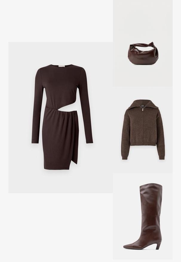 Pull zipé en mélange de laine marron avec col haut et poignets et ourlet côtelés, présenté sur un fond blanc.; Robe marron à manches longues avec un détail asymétrique découpé, un tissu drapé et une silhouette ajustée. Texture douce et lisse.; Botte en cuir brun montant jusqu'au genou, avec un bout pointu et un talon effilé. Texture lisse avec un design élégant et minimaliste.; Sac bandoulière en cuir marron foncé avec une forme souple et décontractée et une anse nouée torsadée sur un fond blanc uni.