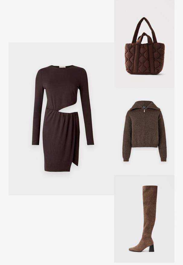 Brun uldblanding zip-up sweater med høj krave og ribbede manchetter og kant, præsenteret mod en hvid baggrund.; Brun kjole med lange ærmer, der har et asymmetrisk udskæringsdetalje, draperet stof og en tætsiddende silhuet. Blød, glat tekstur.; Brune støvler over knæet lavet af blødt ruskind med spids tå og en kraftig sort hæl. Designet har sømløs syning for et elegant udseende.; Brun quiltet stoftaske med to lange og to korte håndtag, med bølget syning og rektangulær form.