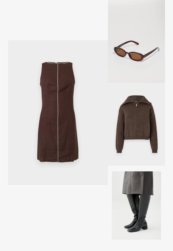 Brun uldblanding zip-up sweater med høj krave og ribbede manchetter og kant, præsenteret mod en hvid baggrund.; Ærmeløs mørkebrun kjole med beige vertikal sømdetalje ned langs midten og omkring den runde halsudskæring.; Knæhøje sorte læderstøvler med firkantet tå, skråt stillet blokhæl og en sidesyning; glat tekstur og tætsiddende design.; Runde, bruntonede solbriller med en glansfuld bordeauxramme. Slanke arme med diskret brandingdetalje. Flad linsedesign.