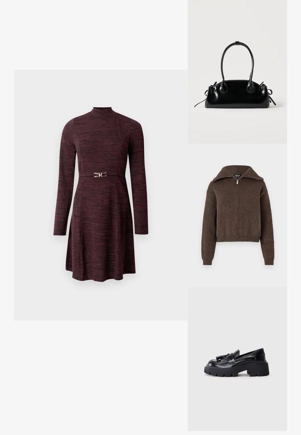 Brun uldblanding zip-up sweater med høj krave og ribbede manchetter og kant, præsenteret mod en hvid baggrund.; Mørkerød langærmet kjole med høj hals, tætsiddende talje og udvidet nederdel, der har en metallisk detalje i taljen. Struktureret stof.; Sorte læder loafers med en klumpet, bølget sål, der har en dekorativ kvast på forsiden og en glat, blank overflade.; Lille sort blank håndtaske med to lange håndtag og snøre-detaljer i siden på en ensfarvet lys baggrund.