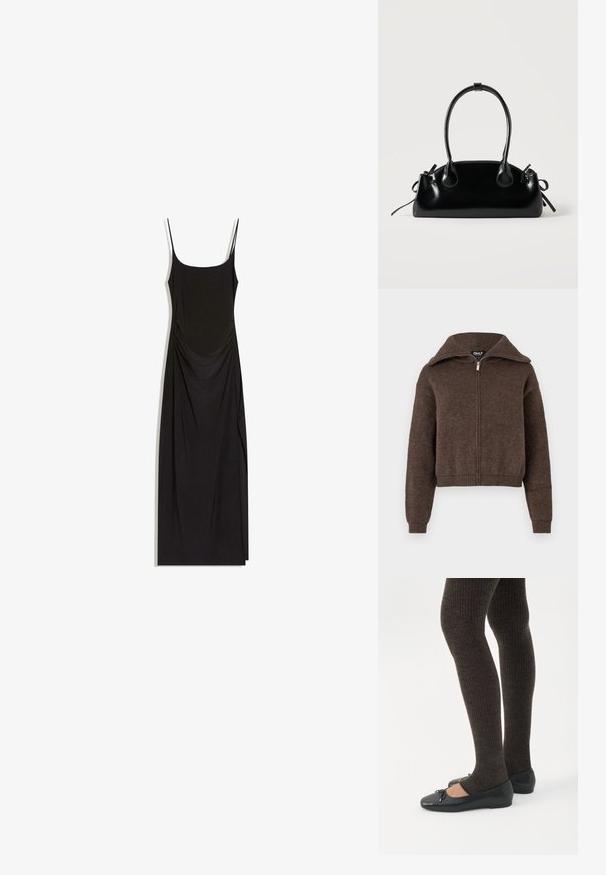 Pull zipé en mélange de laine marron avec col haut et poignets et ourlet côtelés, présenté sur un fond blanc.; Robe maxi noire sans manches avec fines bretelles, côtés froncés et encolure carrée sur fond blanc.; Jambes portant des leggings côtelés foncés associés à des ballerines noires avec de petits détails en nœud sur fond blanc.; Petit sac à main noir brillant avec deux longues anses et des détails à cordon sur les côtés sur un fond clair uni.