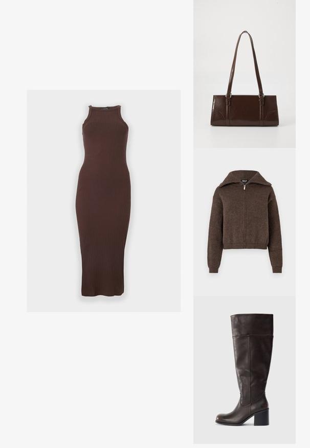 Pull zipé en mélange de laine marron avec col haut et poignets et ourlet côtelés, présenté sur un fond blanc.; Robe midi sans manches, côtelée, marron foncé avec un col montant et une silhouette ajustée sur un fond clair uni.; Botte en cuir marron hauteur genou avec un bout rond et un talon empilé. Présente une texture lisse et des coutures latérales.; Sac à main en cuir verni marron de forme rectangulaire, avec deux longues poignées et des accents courbés subtils à l'avant.