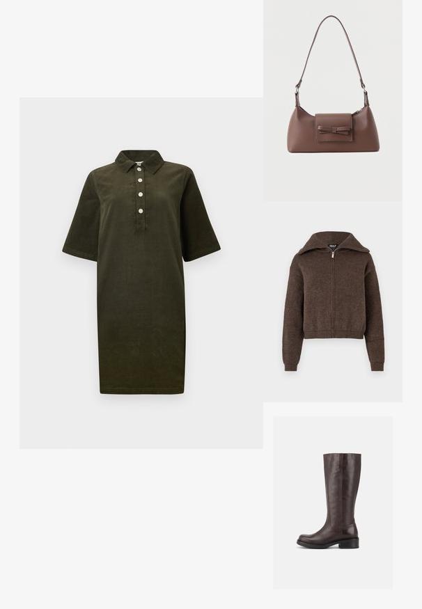 Brauner Mischwoll-Zipfelpullover mit hohem Kragen und gerippten Bündchen und Saum, vor einem weißen Hintergrund präsentiert.; Dunkelgrünes Corduroykleid mit kurzen Ärmeln, Kragen und vier silbernen Knöpfen entlang der Vorderseite.; Hoher dunkelbrauner Lederstiefel mit niedrigem Blockabsatz und abgerundeter Spitze, seitlich auf weißem Hintergrund dargestellt.; Braune Leder-Umhängetasche mit einer vorderen Klappentasche, die ein gestepptes Schleifendetail und einen verstellbaren Riemen aufweist.