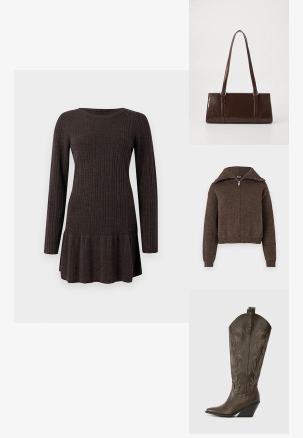 Brun uldblanding zip-up sweater med høj krave og ribbede manchetter og kant, præsenteret mod en hvid baggrund.; Ribbet brun kjole med lange ærmer, der har en flagrende kant. Lavet af et blødt, tekstureret materiale, der giver en tætsiddende silhuet.; Brune læder cowboystøvle med spids tå, kilehæl og dekorativ broderi. Har en høj stok og en trækflap.; Brun lakeret håndtaske med rektangulær form, to lange håndtag og subtile buede detaljer på fronten.