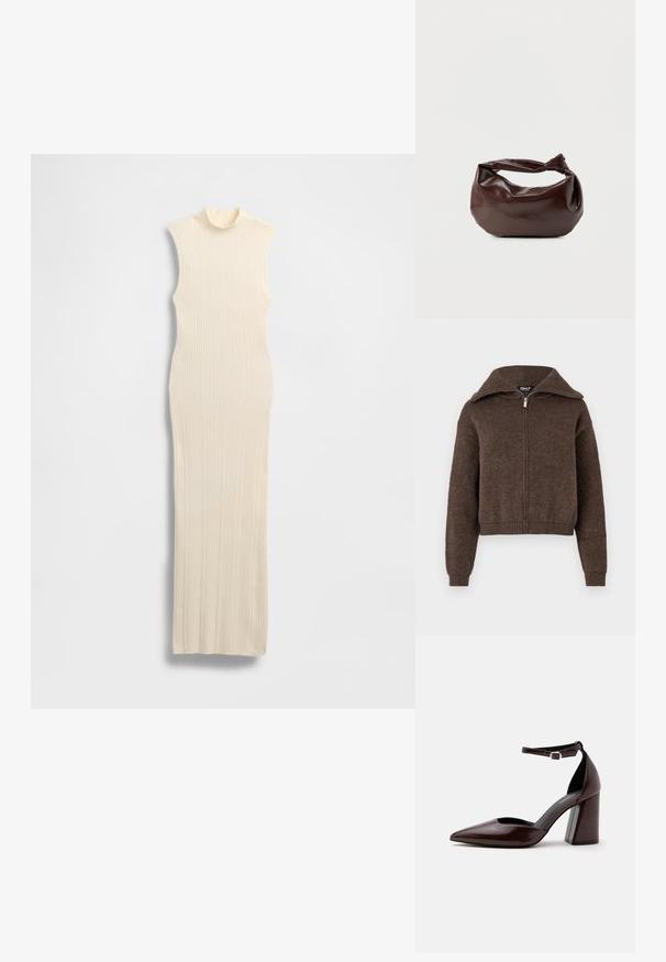 Pull zipé en mélange de laine marron avec col haut et poignets et ourlet côtelés, présenté sur un fond blanc.; Robe longue sans manches de couleur crème avec un col montant imitation. Texture côtelée, coupe moulante et silhouette longue jusqu'au sol.; Chaussure à talon haut en cuir marron foncé à bout pointu, avec bride à la cheville et boucle argentée sur fond blanc.; Sac bandoulière en cuir marron foncé avec une forme souple et décontractée et une anse nouée torsadée sur un fond blanc uni.