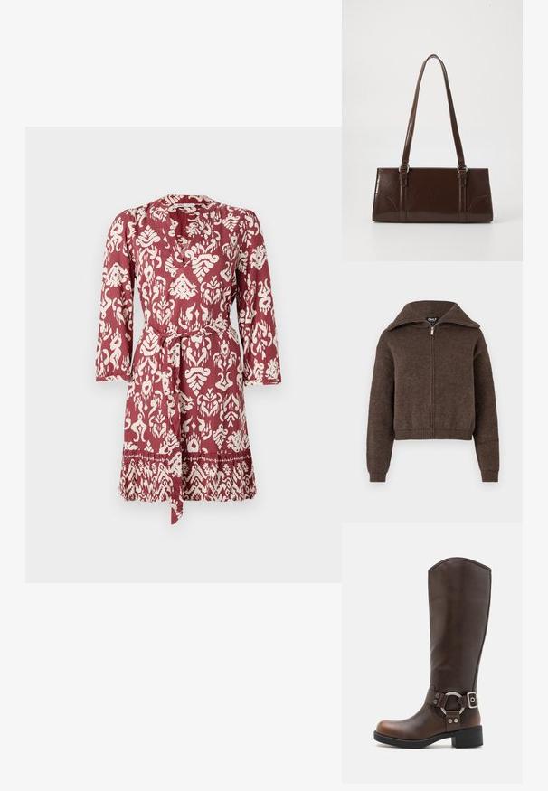 Pull zipé en mélange de laine marron avec col haut et poignets et ourlet côtelés, présenté sur un fond blanc.; Robe à motifs rouges et blancs avec une taille à nouer, des manches longues et un décolleté en V. Présente un design floral et géométrique complexe.; Botte en cuir marron hauteur genou avec un accent en métal rond et une boucle. Tige légèrement texturée, talon empilé et design à bout rond.; Sac à main en cuir verni marron de forme rectangulaire, avec deux longues poignées et des accents courbés subtils à l'avant.