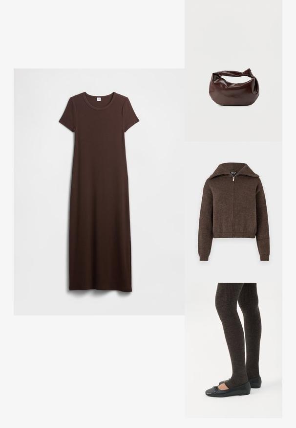 Suéter de mezcla de lana marrón con cremallera, cuello alto y puños y dobladillo acanalados, exhibido sobre un fondo blanco.; Vestido largo de algodón marrón con mangas cortas, escote redondo y textura suave. El diseño es simple y de corte recto, proporcionando un ajuste relajado.; Piernas con leggings oscuros acanalados combinados con bailarinas negras que presentan pequeños detalles de lazo sobre un fondo blanco.; Bolso de hombro de cuero marrón oscuro con una forma suave y caída, y un asa con nudo torcido sobre un fondo blanco liso.