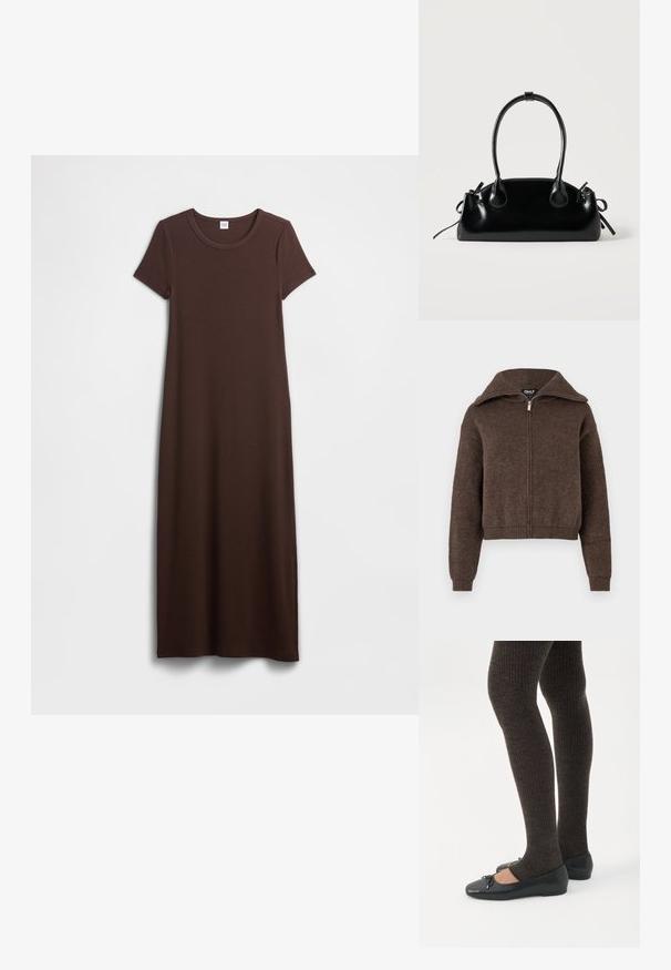 Brun uldblanding zip-up sweater med høj krave og ribbede manchetter og kant, præsenteret mod en hvid baggrund.; Brun bomuldsmaxikjole med korte ærmer, rund halsudskæring og en glat tekstur. Designet er enkelt og lige i snittet, hvilket giver en afslappet pasform.; Ben iført mørke ribbede leggings kombineret med sorte balletsko med små sløjfedetaljer på hvid baggrund.; Lille sort blank håndtaske med to lange håndtag og snøre-detaljer i siden på en ensfarvet lys baggrund.