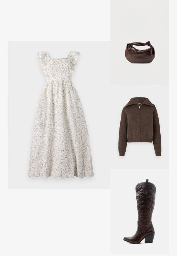 Bruine wolmix rits-trui met hoge kraag en geribbelde manchetten en zoom, weergegeven tegen een witte achtergrond.; Bloemen maxi-jurk in crème, met een vierkante halslijn, gerafelde mouwen, elastische taille en verspreide paarse en groene bloemenpatronen.; Lange donkerbruine leren cowboylaars met gestikte decoratieve patronen, spitse neus en gestapelde blokhak.; Donkerbruine leren schoudertas met een zachte, slungelige vorm en een gedraaide knoopvormige handgreep op een effen witte achtergrond.