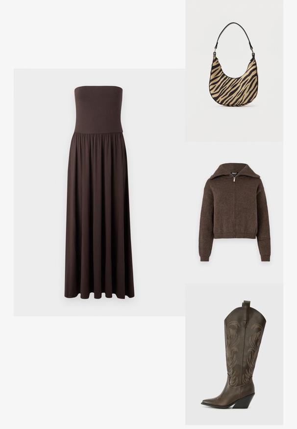 Brauner Mischwoll-Zipfelpullover mit hohem Kragen und gerippten Bündchen und Saum, vor einem weißen Hintergrund präsentiert.; Schnurloses braunes Maxikleid aus weichem Stoff, mit einem taillierten Oberteil und einem fließenden, gerafften Rock für Bewegungsfreiheit.; Braune Leder-Cowboystiefel mit einer spitzen Zehe, Wedge-Absatz und dekorativer Stickerei. Besitzt einen hohen Schaft und eine Zuglasche.; Beige- und schwarze Zebrastreifen-Tasche mit gebogenem Boden und einem schwarzen Tragegriff, fotografiert vor einem schlichten weißen Hintergrund.