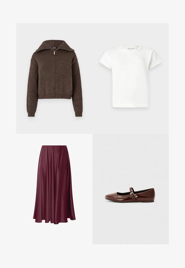 Brun uldblanding zip-up sweater med høj krave og ribbede manchetter og kant, præsenteret mod en hvid baggrund.; Ensfarvet hvid T-shirt med korte ærmer og rund halsudskæring, med en lige kant, vist på en lys grå baggrund.; Bordeaux gulvlængde nederdel lavet af glat, blankt stof med et flydende design og elastisk talje. Ingen mønstre eller accenter til stede.; Brun patentlæder balletflade med firkantet tå og strop med en lille guldbuckle. Glat tekstur, lav hæl og minimalistisk design.