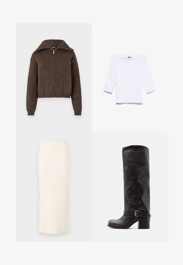 Brun uldblanding zip-up sweater med høj krave og ribbede manchetter og kant, præsenteret mod en hvid baggrund.; Hvid skjorte med trekvartlange ærmer lavet af bomuldsblandingsstof; har en bred bådudskæring og en glat, let tekstur.; Knælang creme striknederdel med ribbet tekstur, der har et tætsiddende design og en elastisk talje for komfort.; Mørkebrun læderstøvle til knæet med rund tå, lav blokhæle og dekorativ rem med sølvspænde ved anklen.