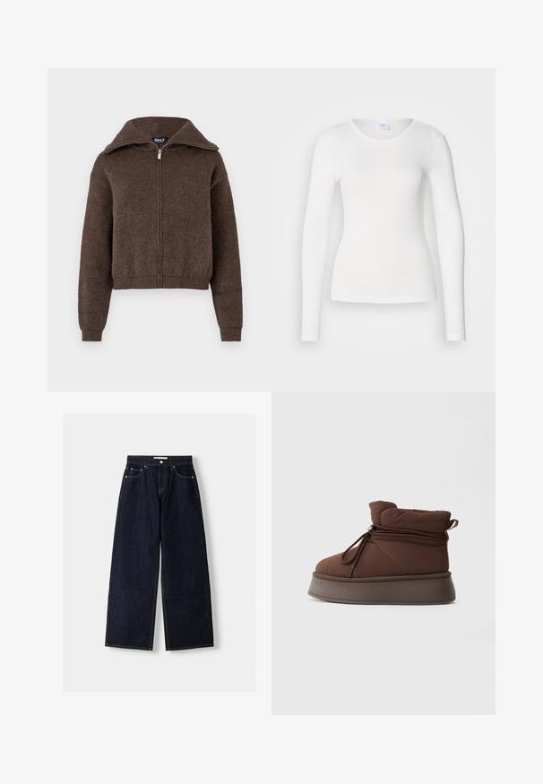 Brun uldblanding zip-up sweater med høj krave og ribbede manchetter og kant, præsenteret mod en hvid baggrund.; Hvid langærmet skjorte lavet af et blødt, glat stof; har en rund halsudskæring og en tætsiddende facon uden mønstre eller pynt.; Mørkeblå denim wide-leg jeans med høj talje, fem lommer, kontraststing og sølvfarvet metalbeslag. Glat overflade og pæn finish.; Brun polstret vinterstøvle med tyk sål og snøre lukning mod en ensfarvet lys baggrund.