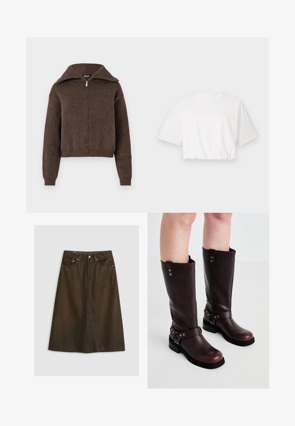 Brun uldblanding zip-up sweater med høj krave og ribbede manchetter og kant, præsenteret mod en hvid baggrund.; Hvid kortærmet t-shirt med puffærmer, rund halsudskæring og samlet nederste kant, lavet af blødt bomuldsstof.; Brun denim A-formet nederdel med høj talje, frontslids, kobbernitter og tonede syninger. Glat tekstur, knælængde design.; Brune læder knæ-høje støvler med en glat tekstur, der har en bred rem og trekantede metal detaljer samt flade gummisåler.