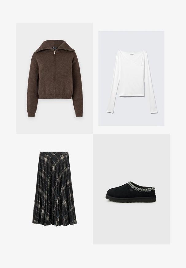 Pull zipé en mélange de laine marron avec col haut et poignets et ourlet côtelés, présenté sur un fond blanc.; Haut blanc à manches longues avec un design croisé et une poche. Fabriqué dans un tissu lisse et extensible. Coupé dans une coupe décontractée et ample.; Jupe midi plissée noire avec un motif à carreaux dans des tons gris et beige, dotée d'une ceinture ajustée et d'une texture douce.; Des sabots noirs en suede à enfiler présentent un accent tissé texturé le long du col et une semelle en caoutchouc noire avec un profil anti-dérapant.