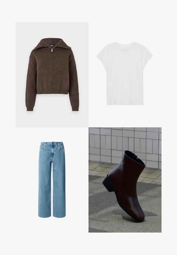 Brauner Mischwoll-Zipfelpullover mit hohem Kragen und gerippten Bündchen und Saum, vor einem weißen Hintergrund präsentiert.; Weißes kurzärmliges T-Shirt mit Rundhalsausschnitt, lockerer Passform, aus weichem Baumwollstoff. Glatte Textur, keine Muster oder Logos.; Blaue Denim-Jeans mit weitem Bein und hoher Taille, ausgestattet mit Gürtelschlaufen, Reißverschluss und ausgefransten Säumen. Der Stoff hat eine weiche, glatte Textur.; Brauner Leder-Stiefelette mit niedrigem Blockabsatz und seitlichem Reißverschluss, aufrecht auf einem strukturierten Außenpflaster in der Nähe einer gefliesten Wand positioniert.