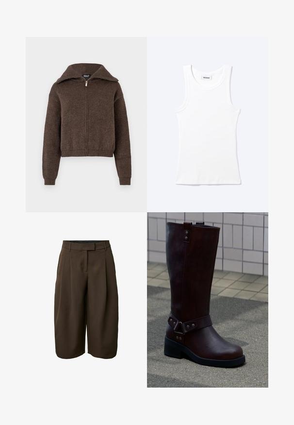 Brown wool blend zip-up sweater with high collar and ribbed cuffs and hem, displayed against a white background.; White sleeveless ribbed tank top with round neckline and a small label reading "WEEKDAY" inside the collar.; Dark brown knee-length wide-leg shorts with belt loops, front pleats, and a concealed front closure.; Dark brown leather mid-calf boot with black sole and silver rivet details, placed on outdoor pavement near tiled wall.