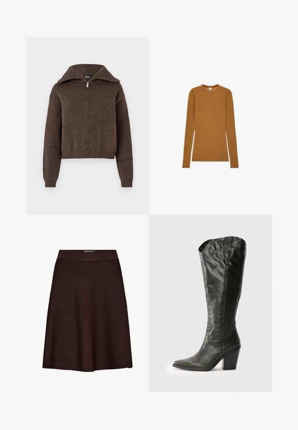 Brun uldblanding zip-up sweater med høj krave og ribbede manchetter og kant, præsenteret mod en hvid baggrund.; Langærmet top i struktureret sennepsfarvet stof med rund hals og tætsiddende design. Ingen synlige mønstre eller detaljer.; Mørkebrun A-formet nederdel med en tætsiddende linning, lavet af et glat, tekstureret stof, vist på en hvid baggrund.; Sorte læder knæhøje western-stil støvler med spids tå og blokhæl på hvid baggrund.