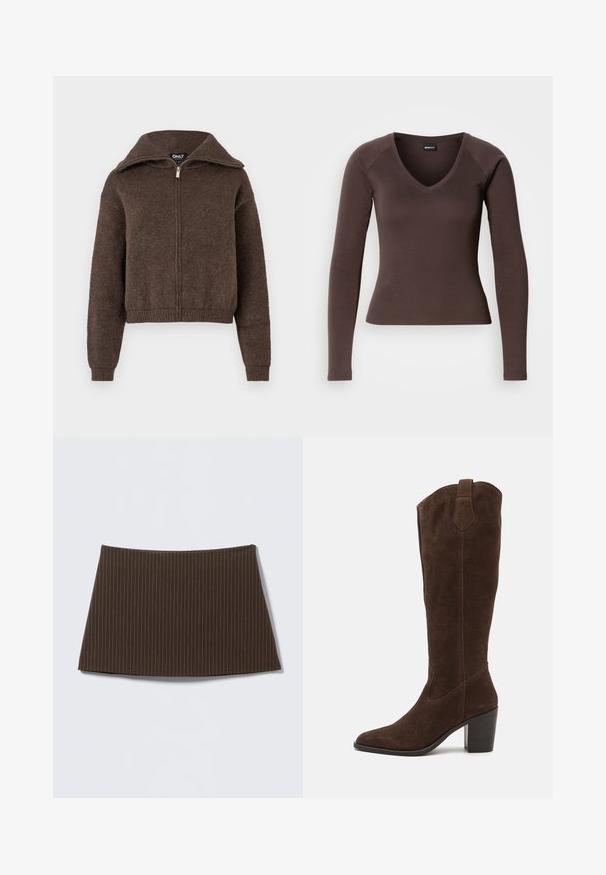 Brun uldblanding zip-up sweater med høj krave og ribbede manchetter og kant, præsenteret mod en hvid baggrund.; Brun langærmet V-hals top med en tætsiddende silhuet, fremstillet af glat strækstof, med raglanærmer og rene kanter.; Brun nederdel med nålestriber, tætsiddende design, glat tekstur og flared kant, ideel til et skræddersyet look.; Anna Field LEATHER - Højhælede støvler - brown