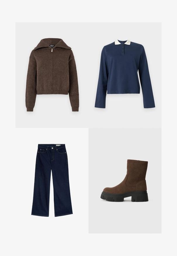 Brun uldblanding zip-up sweater med høj krave og ribbede manchetter og kant, præsenteret mod en hvid baggrund.; Marineblå langærmet poloshirt med hvid krave og tre-knaps stolpelukning, vist på en ensfarvet baggrund.; Bredde ben mørkeblå denimjeans med høj talje, fem-lomme design, kobber nitter og kontrasterende gul syninger.; Brune ruskind ankelstøvler med en tekstureret overflade, rund tå og en kraftig sort gummisål med mønster.