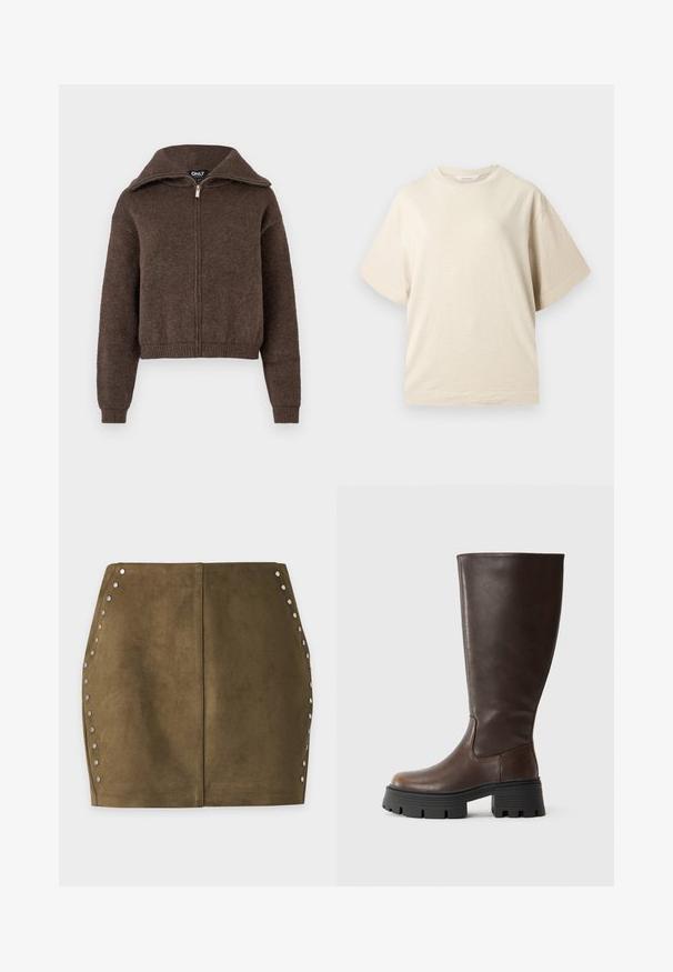 Brauner Mischwoll-Zipfelpullover mit hohem Kragen und gerippten Bündchen und Saum, vor einem weißen Hintergrund präsentiert.; Beiges T-Shirt mit kurzen Ärmeln und Rundhalsausschnitt, locker geschnitten und schlicht gestaltet, vor neutralem Hintergrund präsentiert.; Minirock aus olivgrünem Veloursleder mit silbernen Nieten entlang der geschwungenen Seitennähte und einer vertikalen Mittelnaht.; Braune kniehohe Stiefel aus glattem Synthetikleder, mit einer klobigen schwarzen Plateausohle und minimalen Nähten für ein elegantes Design.