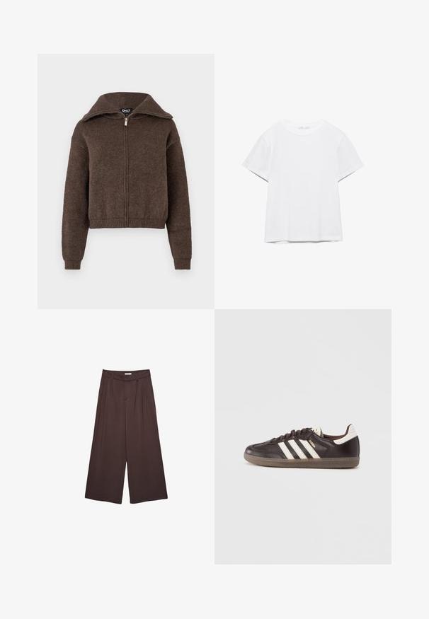 Pull zipé en mélange de laine marron avec col haut et poignets et ourlet côtelés, présenté sur un fond blanc.; T-shirt blanc uni à manches courtes et col rond, avec un ourlet droit, présenté sur un fond blanc.; Pantalons larges marron en tissu doux, dotés de plis à la taille et de poches latérales. Silhouette ajustée avec un ajustement confortable.; Baskets en cuir marron foncé avec un design à trois bandes blanches, une semelle en caoutchouc et l'inscription "Samba" en lettres dorées sur le côté. Forme classique basse.