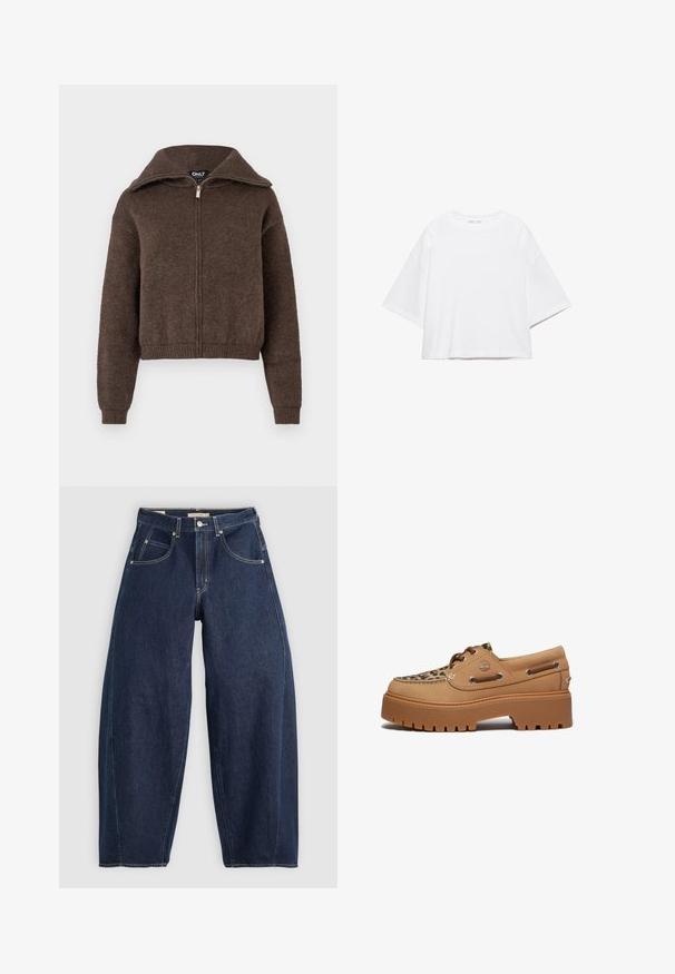 Brun uldblanding zip-up sweater med høj krave og ribbede manchetter og kant, præsenteret mod en hvid baggrund.; Hvid, kortærmet, løs t-shirt lavet af blød bomuld. Har rund halsudskæring og brede ærmer, med et rent, enkelt design.; Mørkeblå denim jeans med løs pasform, lyse syninger, fem lommer og en knaplukning ved taljen.; Timberland STONE STREET - Sejlersko - medium beige