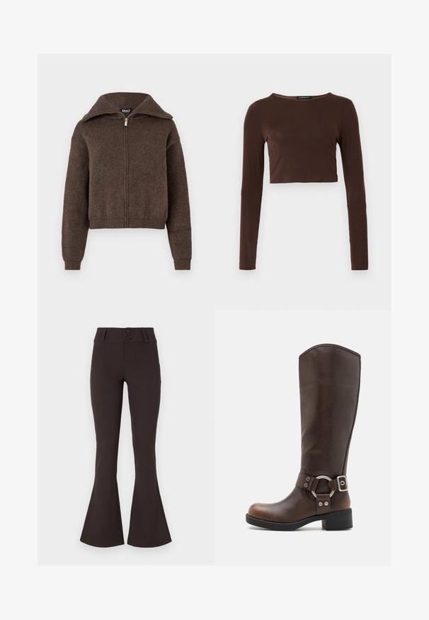 Brun uldblanding zip-up sweater med høj krave og ribbede manchetter og kant, præsenteret mod en hvid baggrund.; Brun langærmet cropped top lavet af glat materiale, med en rund halsudskæring og tætsiddende design. Ingen synlige mønstre eller accenter.; Brune flared bukser lavet af strækbart stof. Har høj talje med to knapper og en glat overflade. Ingen mønstre eller udsmykninger.; Brune læderknæhøje støvler med en rund metalhardwaredetalje og spænde. Let struktureret overdel, stablet hæl og rund tå-design.