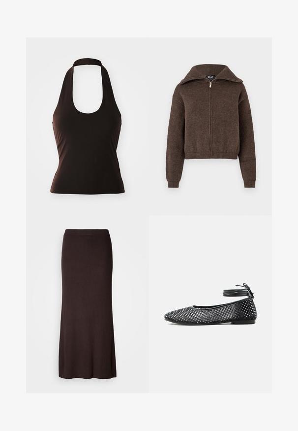 Hnedý sveter na zips z vlnenej zmesi s vysokým golierom a rebrovanými manžetami a lemom, vystavený na bielom pozadí.; Čierny halter top vyrobený z jemnej látky, s širokým výstrihom a priliehavým strihom, bez ďalších vzorov alebo ozdôb.; Tmavohnedá, rebrovaná pletená sukňa po členky so zvýšeným pásom, vystavená na bielom pozadí.; Čierna plochá obuv s sieťovinou a ozdobami z brúsených kamienkov, vybavená šnúrkami na členku, ktoré sa viažu do mašle.