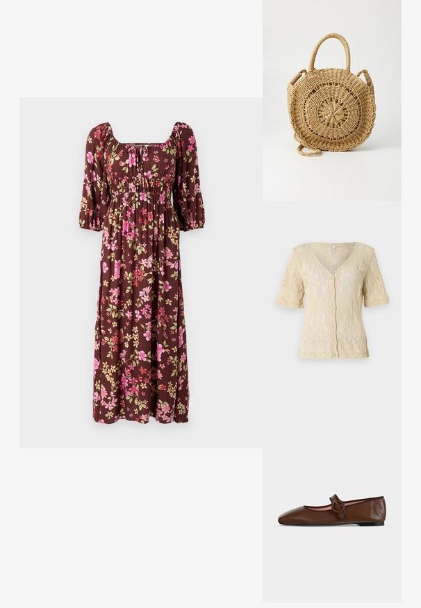 Strikket cardigan i blød beige med V-hals, korte ærmer og knaplukning. Har indviklede blonder og tekstureret stof.; Brun blomster maxi kjole med puffærmer, firkantet udskæring og rynket bodice med pink og gule blomstermønstre. Blødt stof.; Brun flad Mary Jane-sko i læder med rund spænde og sort sål på en lysegrå baggrund.; ONLY ONLPENELOPE BEACH ROUND CROSSOBODY - Skuldertasker - toasted coconut