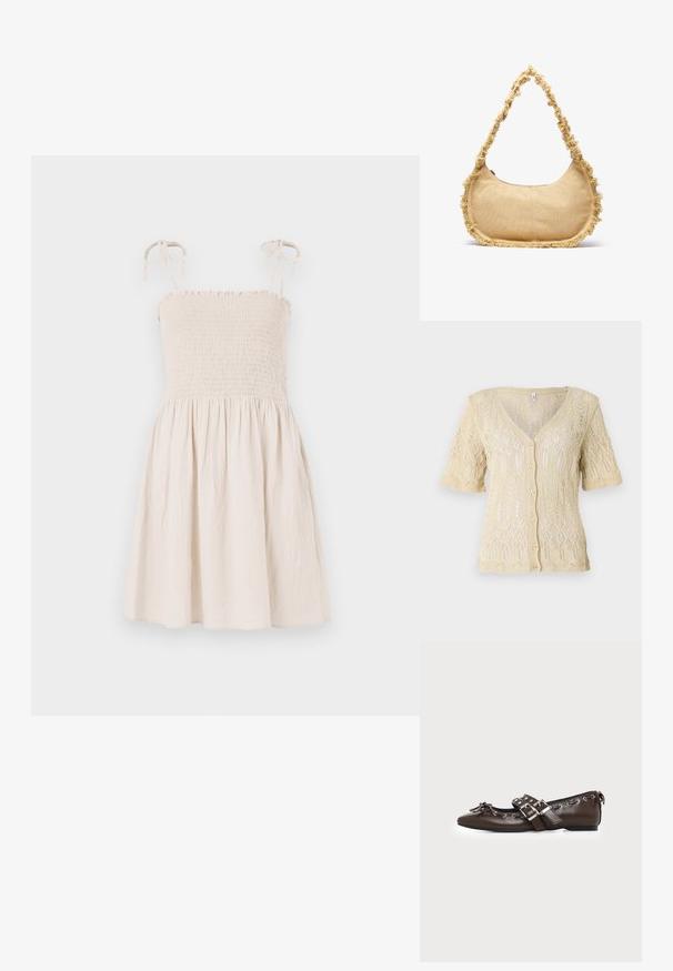 Cárdigan de punto en suave beige con escote en V, mangas cortas y cierre de botones. Presenta intrincados patrones de encaje y tela texturizada.; Vestido sin mangas de color beige con corsé fruncido, tirantes ajustables y falda acampanada. Hecho de una tela ligera y texturizada.; Zapato plano de cuero marrón oscuro con puntera puntiaguda, doble hebilla plateada, ojales metálicos y lazo decorativo en la parte delantera.; Bolso beige texturizado con forma redondeada, con un borde deshilachado a lo largo de los lados y una correa corta para llevar. Apertura con cremallera en la parte superior.