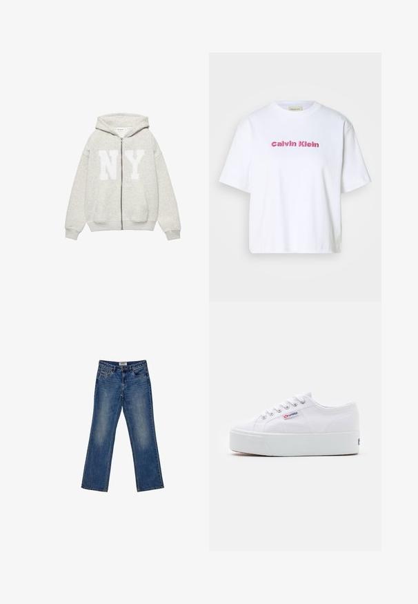 Grå hættetrøje med lynlås lavet af blødt stof, med stort hvidt "NY" motiv på forsiden og snoretræk i hætten. Forlommer inkluderet.; Hvid bomulds T-shirt med korte ærmer og rund halsudskæring, med "Calvin Klein" broderet i lyserøde bogstaver på forsiden.; Fadede blå denim bukser med lige ben-design, fem lommer og subtile slidmærker foran. Øverste knap- og lynlåslukning.; Hvide canvas sneakers med en tyk hvid platformssål, rund tå og metaløjelets til snørebånd. Mærkets logo præsenteret på siden.