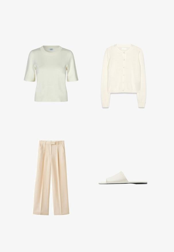 Strikket cremet cardigan med rund udskæring, lange ærmer og seks frontknapper. Har ribbet manchetter og kant. Blød, glat tekstur.; Strikket kortærmet sweater i off-white med rund halsudskæring og en glat, blød tekstur. Enkel og klassisk design.; Beige bukser med høj talje og brede ben, bæltestropper, forlommer og sidelommer, velegnet til både formelt og afslappet brug.; Hvid slidesandal med en bred rem og flad sål, vist i sidevisning på en hvid baggrund.