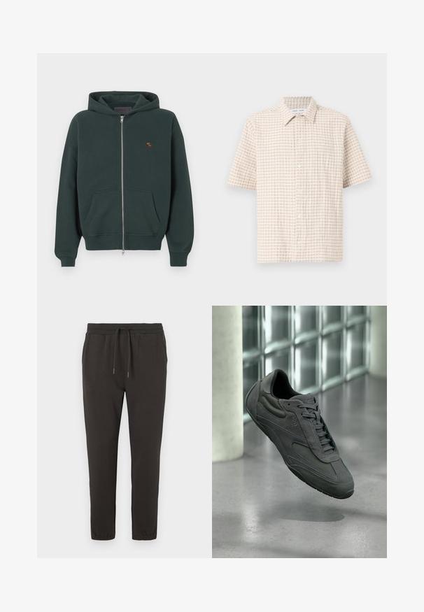 Mørkegrøn zip-up hoodie lavet af bomuld med en kengurulomme, ribbede manchetter og et lille broderet moskusokse-logo på brystet.; Kortærmet, lys beige skjorte med et rutenetmønster i blødt brunt, knap-front design og klassisk krave. Glat stoftekstur.; Mørkegrå sweatpants lavet af blødt stof, med en elastisk talje med snøre, tætsiddende ben og elastiske manchetter ved anklerne.; Grå sneakers med en kombination af ruskind og mesh-materiale, lavtop design og teksturerede detaljer med tonale snørebånd og gummisål.