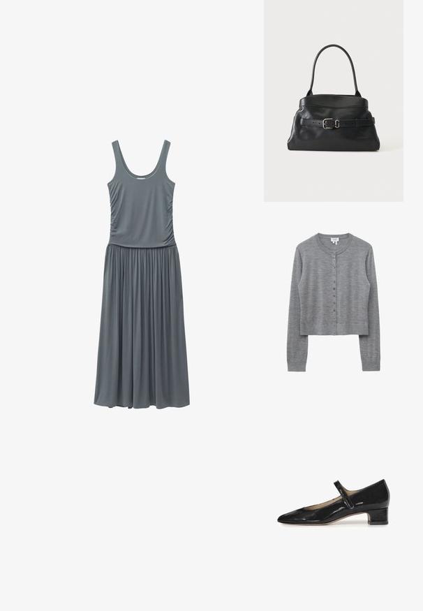 Cardigan gris de punto con mangas largas, cuello redondo y cierre de botones en el frente, confeccionado con tejido suave y puños y bajo de canalé.; Vestido maxi gris sin mangas con escote redondo, laterales fruncidos y falda fruncida que se extiende desde la cintura ajustada.; Zapato Mary Jane de charol negro con punta afilada y un tacón bajo en bloque. Presenta una única correa ajustable sobre el empeine.; Bolso de cuero negro con una sola correa para el hombro y un cinturón decorativo con una hebilla plateada en la parte delantera.