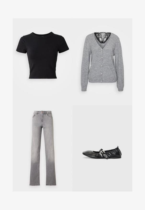 Grijze cardigan gemaakt van zacht breimateriaal, met een V-hals, parelknopen en een zwarte kantdetail bij de halslijn. Inclusief lange mouwen.; Zwart cropped t-shirt van stevige katoen, met korte mouwen en een ronde halslijn, met een glad en eenvoudig ontwerp.; Lichtgrijze jeans met rechte pijpen, vijf zakken, knoopsluiting en zichtbare stiksels, weergegeven tegen een witte achtergrond.; Zwarte leren platte schoen met een spitse neus, geplooide details rond de opening en een zilveren gespaccentueerde verstelbare band.