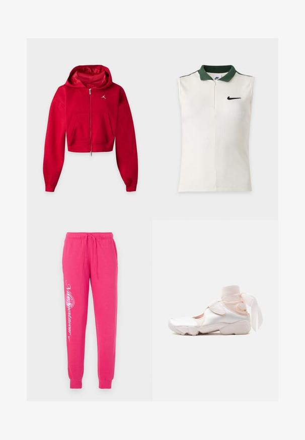 Rød cropped lynlåshoodie med kængurulommer og lille hvid Jumpman-logo på venstre bryst.; Ærmeløs hvid Nike-top med ribbet tekstur, mørkegrøn krave, halv lynlås og sort Nike-logo på brystet.; Lyserøde sweatpants lavet af blødt stof, med snor i taljen, tapered cuffs og hvid grafisk tekst på venstre ben.; Hvid og lyserød sneaker med blødt stofankelomslag bundet i en sløjfe, med justerbar rem og rundet sål.