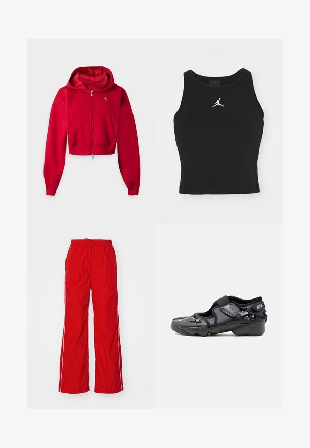 Červená krátka mikina na zips s kapucňou, klokankovými vreckami a malým bielym logom Jumpman na ľavej strane hrude.; Čierny priliehavý tielko vyrobené z bavlny, s okrúhlym výstrihom a bielym logom Jordan vyšitým na prednej časti. Hladká textúra.; Červené nylonové nohavice s širokým strihom, elastickým pásom s šnúrkou a bielymi bočnými pruhmi. Hladká textúra s ľahkým vzhľadom.; Čierna Nike Air obuv s suchým zipsom, zdobená malými čiernymi kvetinovými ozdobami na boku a vpredu.
