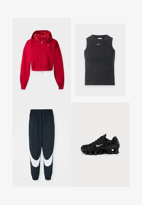 Roter, kurz geschnittener Zip-Hoodie mit Kängurutaschen und kleinem weißem Jumpman-Logo auf der linken Brust.; Schwarzes ärmelloses, kurzes Sporttop mit gerippter Struktur und weißem Nike Swoosh-Logo auf der Brust.; Schwarze Jogginghose mit weißen, gewölbten Einsätzen, elastischem Bund und gerafften Säumen, aus leichtem Stoff und mit lockerer Passform.; Schwarzer Nike Sportschuh mit silbernem Swoosh-Logo, Mesh- und synthetischem Obermaterial und einer markanten segmentierten gepolsterten Sohle.