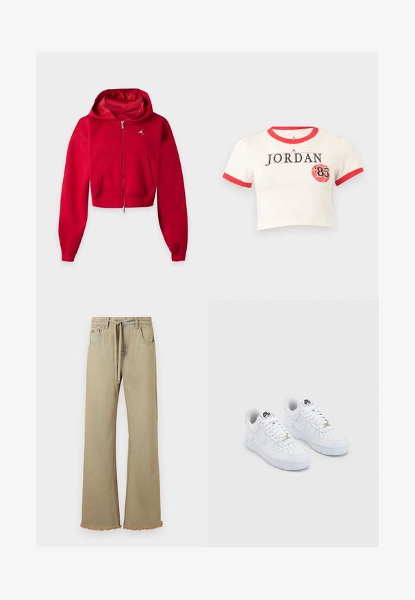 Červená krátka mikina na zips s kapucňou, klokankovými vreckami a malým bielym logom Jumpman na ľavej strane hrude.; Biele krátke tričko s červeným lemom na golieri a rukávoch, text "JORDAN" a červená basketbalová grafika s "'85" vpredu.; Bežové široké džínsy s rozstrapkaným lemom, vyrobené z denimu, s opaskom a štyrmi vreckami. Hladká textúra s viditeľnými švy.; Biele tenisky Nike Air Force 1 s hladkým koženým zvrškom, perforovanou špičkou, bielymi šnúrkami a čiernym logom na jazyku.