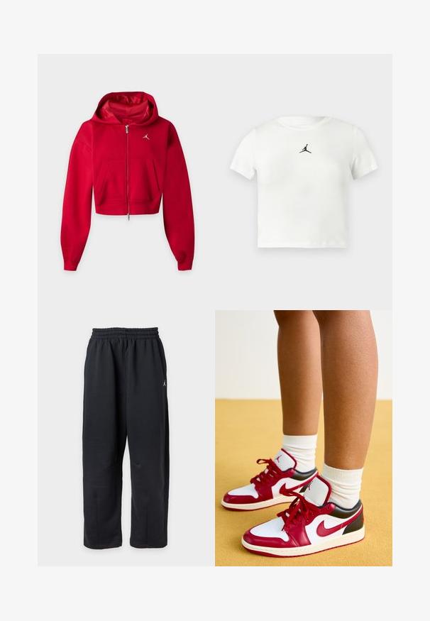 Červená krátka mikina na zips s kapucňou, klokankovými vreckami a malým bielym logom Jumpman na ľavej strane hrude.; Biely bavlnený cropped tričko s čiernym logom Jumpman na prednej strane. Krátke rukávy a okrúhly výstrih s hladkou textúrou.; Čierne voľné teplákové nohavice s elastickým pásom a malým bielym logom na pravej strane.; Jordan AIR JORDAN 1 - Tenisky - white/gym red/black/sail