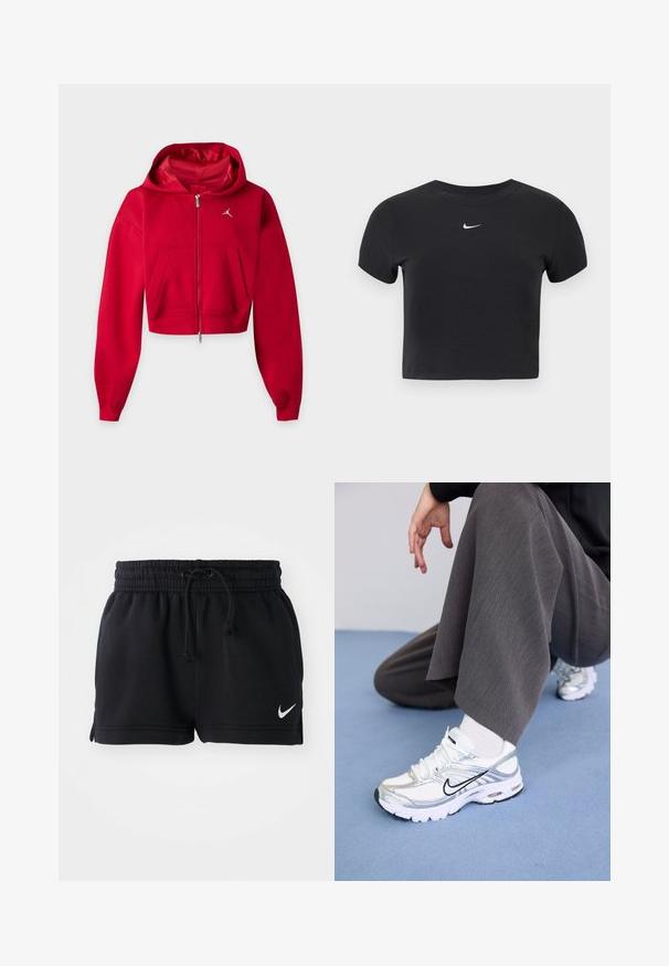 Rød cropped lynlåshoodie med kængurulommer og lille hvid Jumpman-logo på venstre bryst.; Sort cropped t-shirt lavet af bomuld, med rund halsudskæring og korte ærmer. Bemærkelsesværdigt hvidt Nike-logo på brystet.; Sorte atletiske shorts lavet af blødt materiale, med en elastisk linning og snor, sideskår og et lille hvidt logo i nederste kant.; Hvide og sølv atletik sko med meshej og syntetiske materialer, der har sorte accentlinjer, snørebånd og strukturerede såler.