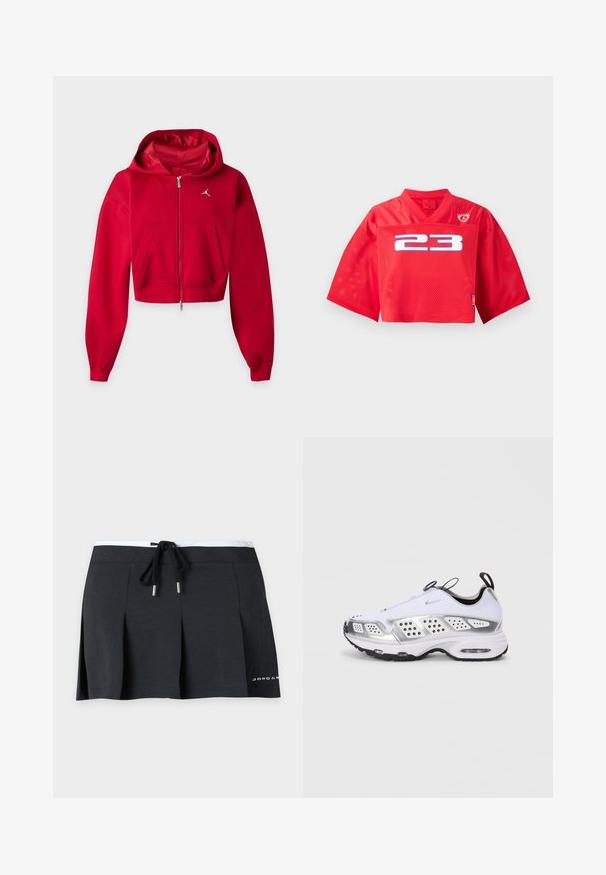 Sweat à capuche rouge court zippé avec poches kangourou et petit logo blanc Jumpman sur la poitrine gauche.; Maillot de sport rouge raccourci avec manches larges, tissu en mesh, numéro 23 en blanc sur le devant, et un petit logo en forme de bouclier en haut à droite.; Mini-jupe noire avec plis devant, ceinture blanche et lien coulissant noir, avec petit texte blanc sur le côté inférieur.; Chaussure de sport blanche avec des accents argentés, tige en maille et synthétique, amorti à air, perforations pour la respirabilité et semelle extérieure en caoutchouc.