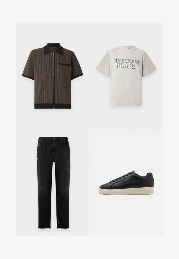Kurzärmliges, Reißverschlusshemd aus braun gestreiftem Stoff mit schwarzem Kragen und Tasche, das über eine strukturierte Materialoberfläche und gerippte Saumdetails verfügt.; Hellgraues kurzärmeliges T-Shirt aus Baumwolle mit einem schwarzen Schriftzug "Icecream World" in einer stilisierten Schrift auf der Vorderseite.; Schwarze Jeans aus Denim mit elastischem Bund, geradem Schnitt, abgetragenen Details und fransigem Saum. Mit Taschen und Knopfverschluss.; Schwarze Leder-Sneaker mit glatter Oberfläche, kontrastierender cremefarbener Sohle, abgerundeter Spitze, goldfarbenem Logo an der Seite und sechs Ösen für die Schnürsenkel.