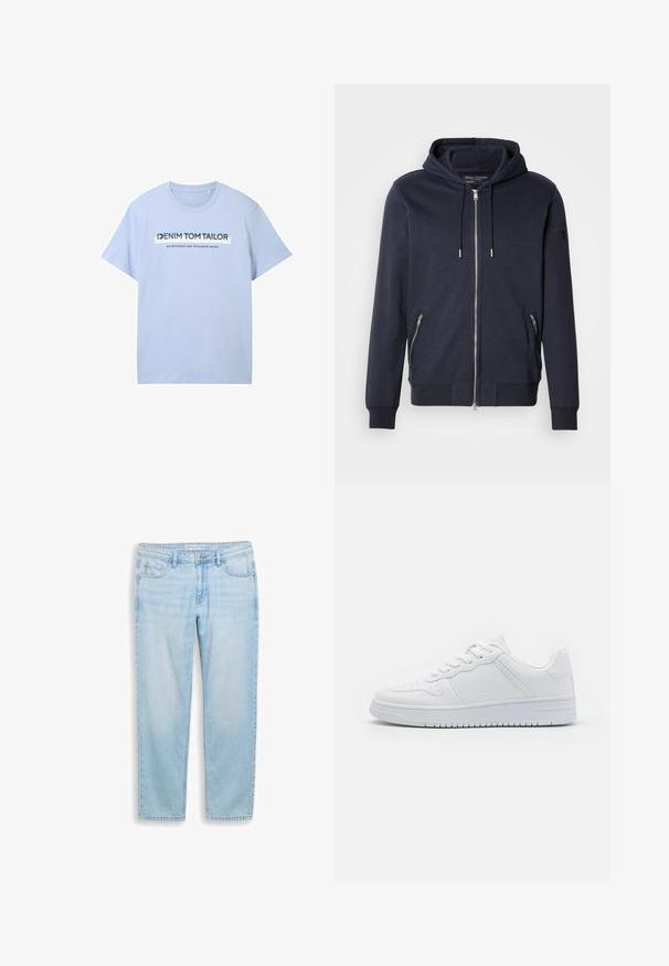 Marineblå zip-up hoodie med snoretræk i hætten, der har to lynlåslommer på siderne og ribbede manchetter. Lavet af blødt, struktureret stof.; Lysblå bomulds t-shirt med korte ærmer og rund hals. Frontgrafik inkluderer "DENIM TOM TAILOR" og "etableret to tusinde og syv."; Lyseblå denimjeans med lige ben, forrest med knap, lynlås og fem lommer, lagt fladt på en hvid baggrund.; Hvide sneakers lavet af glat syntetisk materiale, med flade snørebånd, perforeret tå og en gummisål med et tekstureret grebmønster.