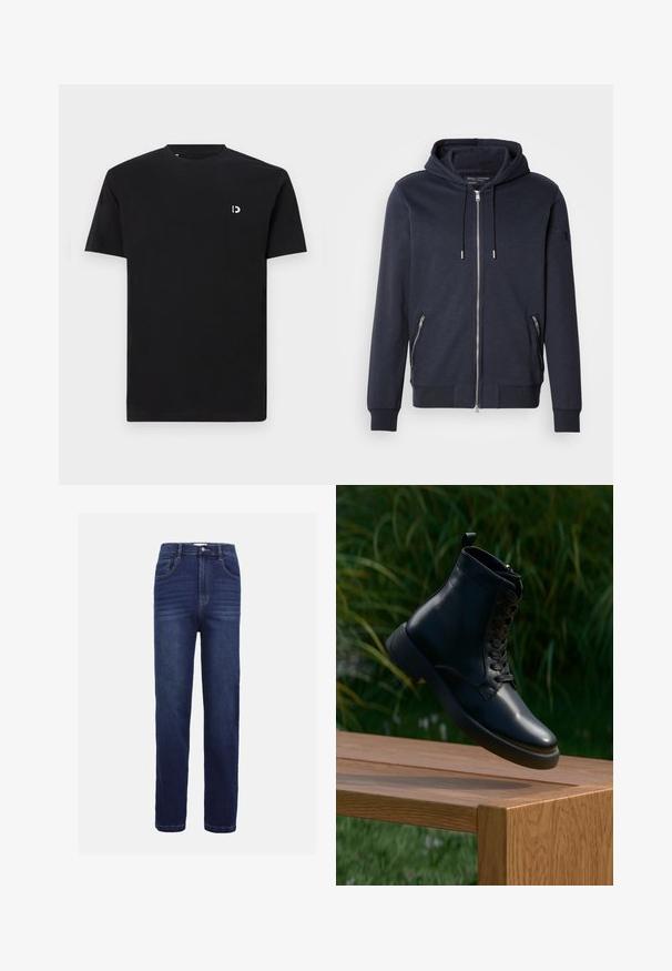 Marineblå zip-up hoodie med snoretræk i hætten, der har to lynlåslommer på siderne og ribbede manchetter. Lavet af blødt, struktureret stof.; Sort bomulds- T-shirt med korte ærmer, rund halsudskæring og et lille hvidt logo på venstre brystområde. Glat tekstur, enkelt design.; Mørkeblå denim jeans med lige ben-design, fem lommer, knaplukning og subtile vandrette syninger.; Sorte læder ankelstøvler med en glat finish, rund tå og snørebånd. Har en robust sål og en lille løkke bagpå.