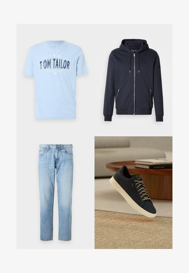 Marineblauwe zip-up hoodie met een trekkoordkap, voorzien van twee ritszakken aan de zijkant en ribgebreide manchetten. Gemaakt van zachte, gestructureerde stof.; Lichtblauwe katoen t-shirt met een ronde halslijn en korte mouwen. Het heeft vetgedrukte zwarte tekst: "TOM TAILOR" en extra merkdetails.; Lichtblauwe denim jeans met een rechte pijp, vijf zakken, vervaagde textuur en een klassieke knoop- en ritsluiting.; Marineblauwe sneaker met witte zool en grijze veters, hangend boven een beige gestructureerd tapijt, met een ronde houten tafel en boeken op de achtergrond.