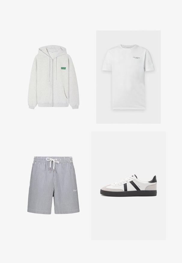 Sudadera con capucha gris con cremallera, hecha de tela suave, con un bolsillo tipo canguro y un logo verde "AMERICAN VINTAGE" en el pecho izquierdo.; Camiseta blanca de manga corta con "Los Angeles California" impreso en texto negro pequeño en el pecho izquierdo.; Bañador a rayas en azul marino y blanco. Fabricado con una tela ligera, cuenta con una cinturilla elástica, cierre de cordón y bolsillos laterales.; Zapatilla blanca con acentos en negro y gris, que presenta una puntera texturizada en gris, suela de goma negra y cordones planos blancos. Diseño limpio, estilo minimalista.