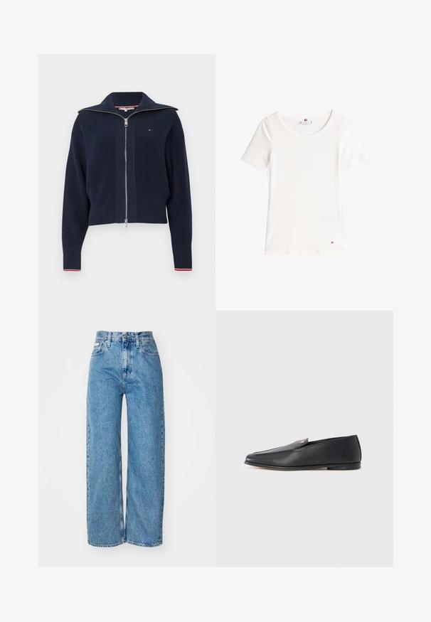 Marineblauwe gebreide trui met een rits aan de voorkant, een brede kraag en geribbeld textuur. Heeft rode en witte accenten op de manchetten.; Witte geribbelde t-shirt met korte mouwen, ronde hals en een kleine rode, witte en blauwe logo-accent op de onderste zoom.; Lichtblauwe denim wijde jeans met hoge taille, rafelrand en vijf zakken. De verslete textuur voegt diepte toe aan de stof.; Zwarte leren loafers met een gladde textuur, een afgeronde neus en subtiele stiksel details. Voorzien van een gouden logomerk aan de bovenzijde.